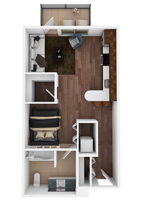 A top-down view of a small, modern apartment with a bed, desk, and kitchenette.